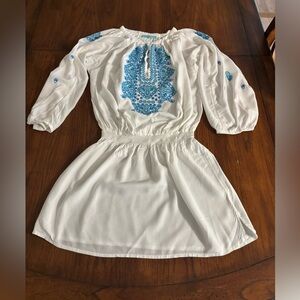 Melissa ODABASH COVER UP/TUNIC DRESS Medium Aqua Blue white embroidered
